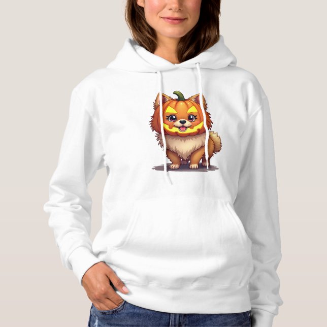 Pull À Capuche Chien Pomeranian Masque de Citrouille (Devant)