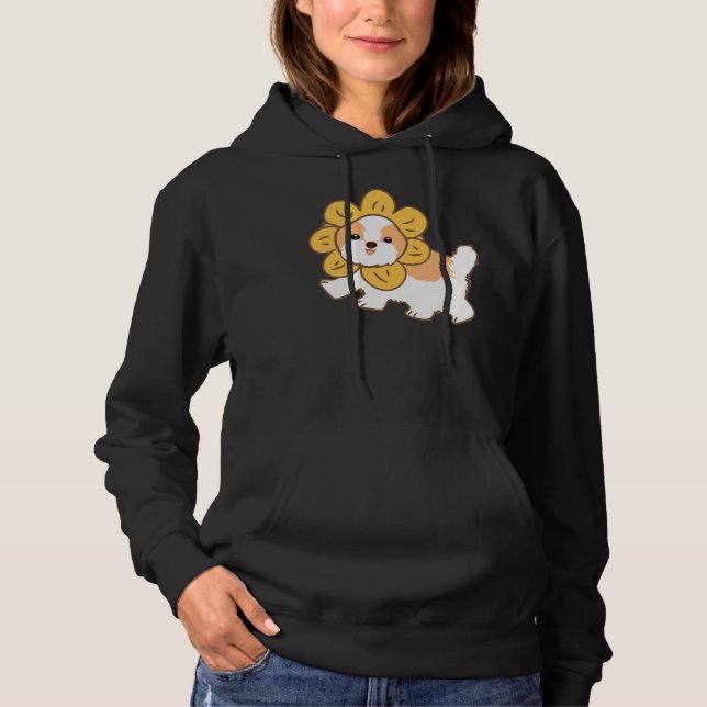 Pull À Capuche Chien Shih Tzu Avec Fleur Casquette Bleu (Devant)