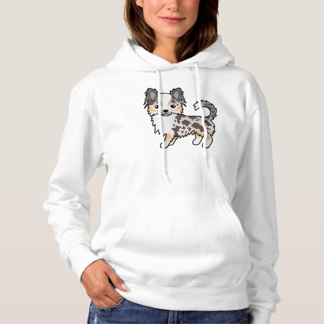Pull À Capuche Chihuahua de dessin animé à poil long Merle au Cho (Devant)