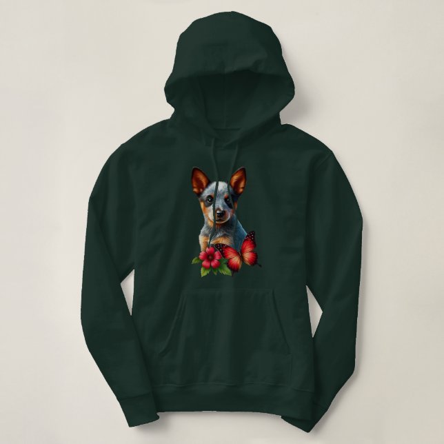 Pull À Capuche Chiot Heeler Mignon Avec Papillon et Fleur  (Design devant)