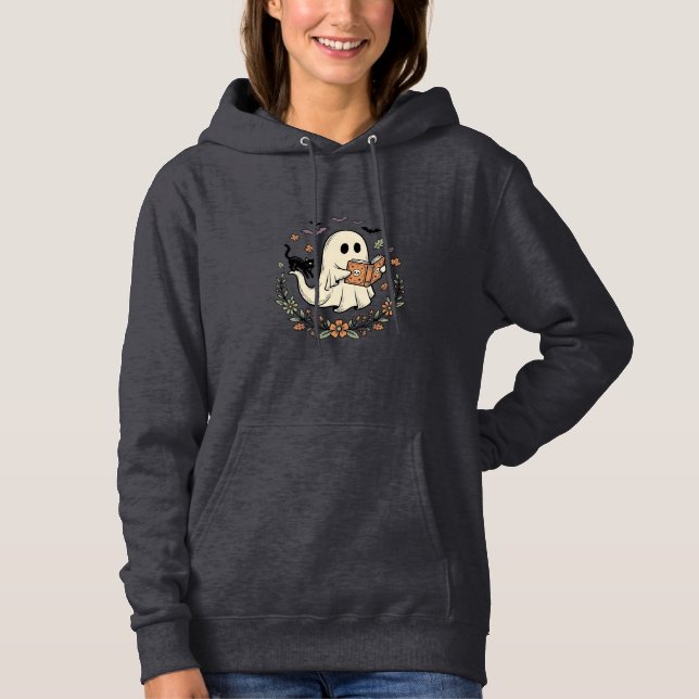 Pull À Capuche Conception de vecteur floral Halloween Chat fantôm (Devant)
