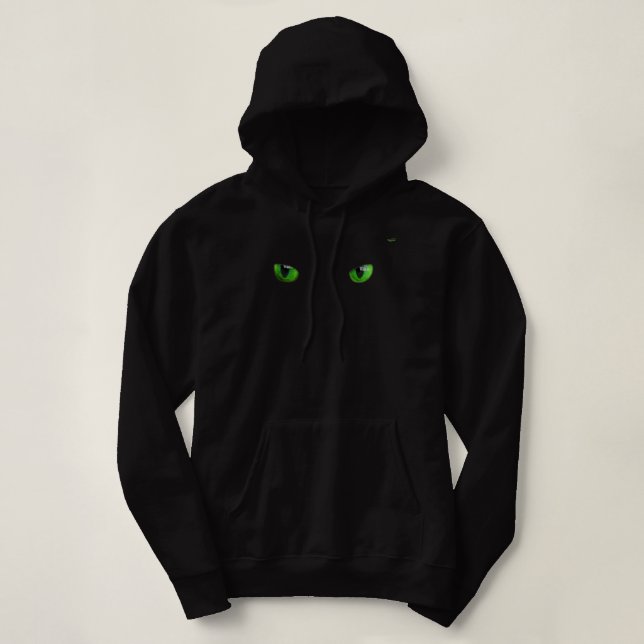 Pull À Capuche Cool Halloween visage de chat vert sur chemise noi (Design devant)