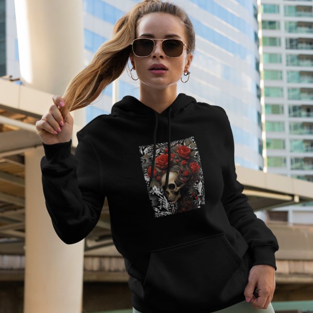 Pull À Capuche Crâne avec Roses de cheveux sauvages en Feuille Vi (Créateur téléchargé)