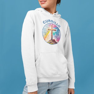 Pull À Capuche Cursillo Croix en Bois avec Arc-en-Ciel et Nuages