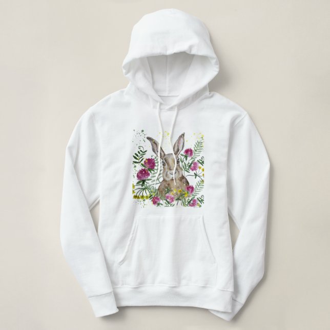 Pull À Capuche Cute lapin en fleurs d'aquarelle (Design devant)