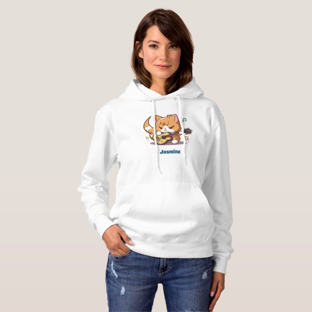 Pull À Capuche Cute Orange Chat Jouer Guitare (Devant entier)