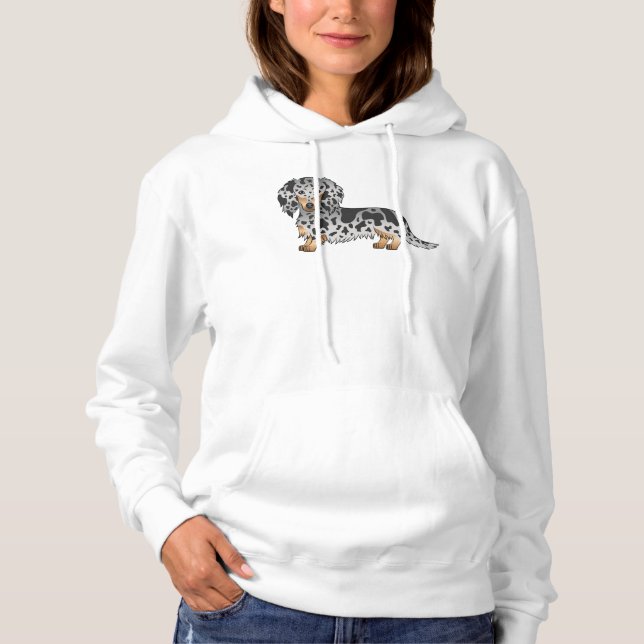 Pull À Capuche Dachshund à poil long et couleur arlequin noir et  (Devant)