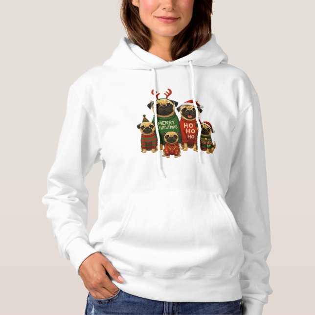 Pull À Capuche 🎄 De mignons pugs de Noël dans des pulls festifs  (Devant)