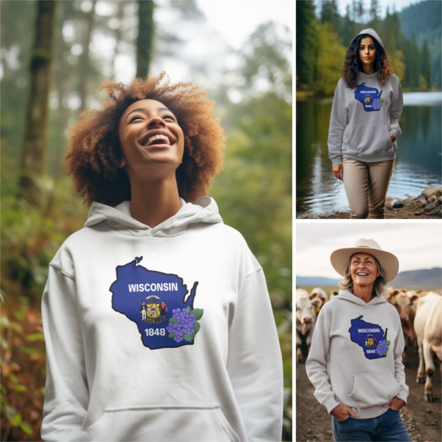 Pull À Capuche Drapeau d'état du Wisconsin et fleur bleu commun V (Créateur téléchargé)