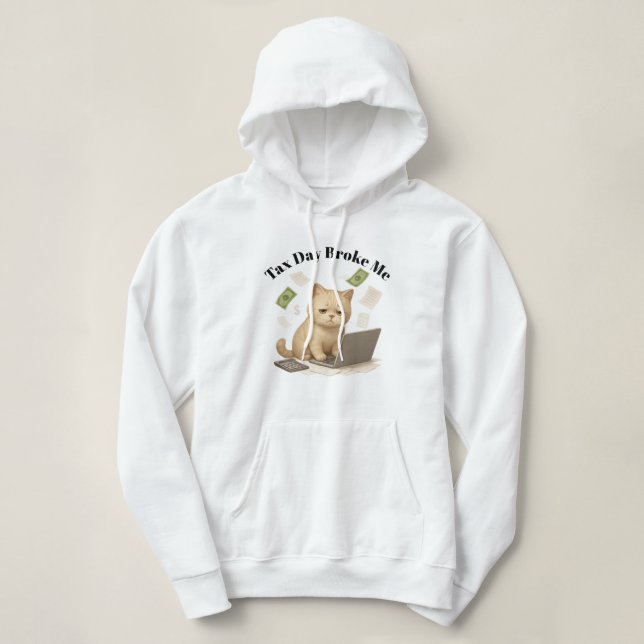 Pull À Capuche Drôle Chat Stressé Minimal Beige Jour de l'Impôt (Design devant)