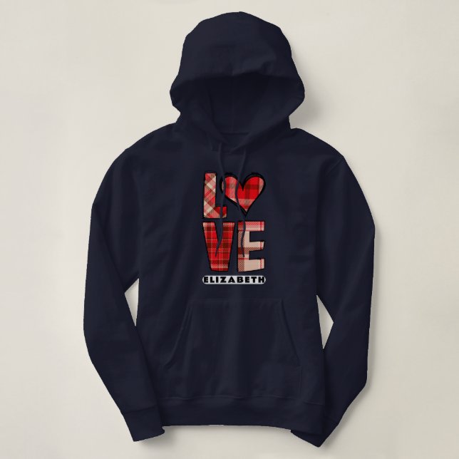 Pull À Capuche Élégant Red Plaid Love & Heart Vibes Marine Blue (Design devant)