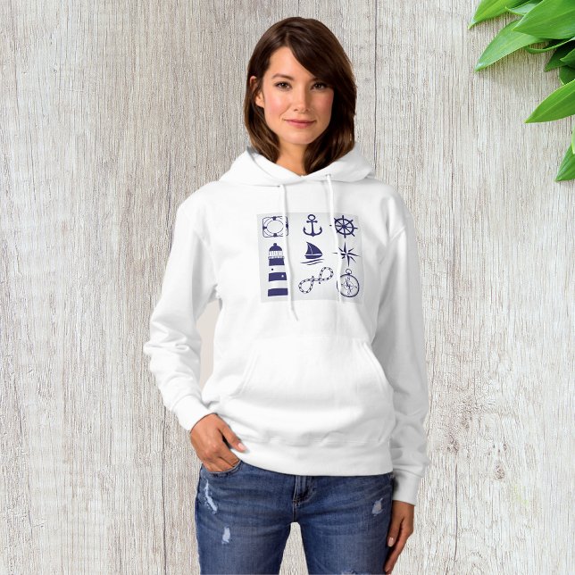 Pull À Capuche Éléments Marins Nautiques Navy Blue Icônes Côtière (Créateur téléchargé)