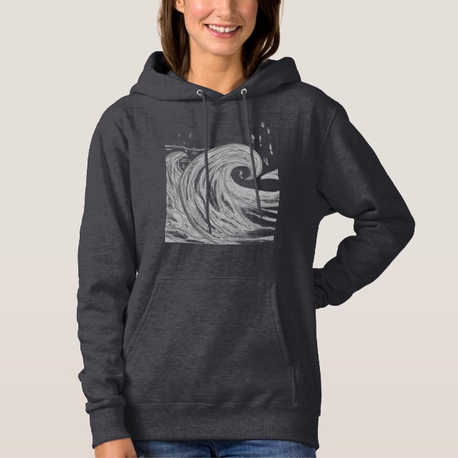 Pull À Capuche Énorme vague océanique noire et blanche esquissée  (Devant)