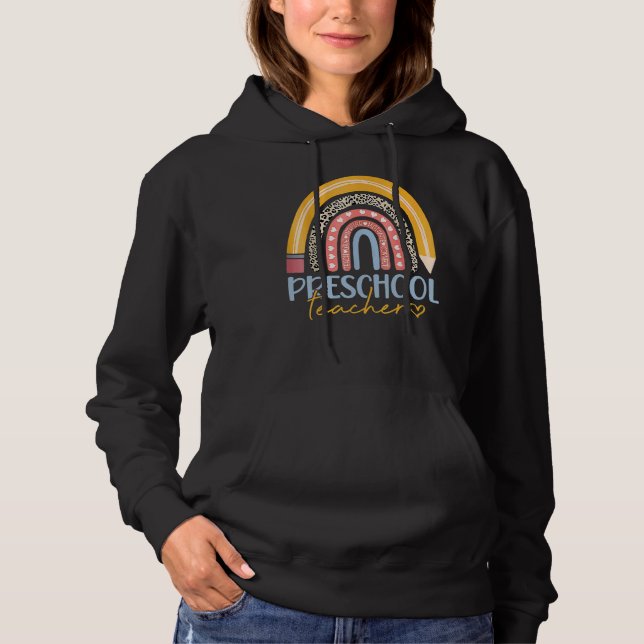 Pull À Capuche Enseignant de maternelle Léopard Arc-en-ciel Cœur  (Devant)