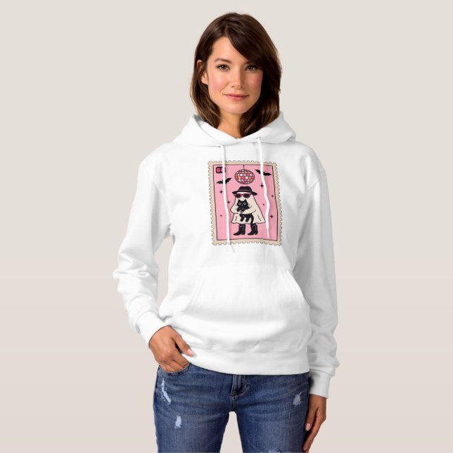 Pull À Capuche Fantôme Disco Rétro avec Stand Halloween Chat Noir (Devant entier)