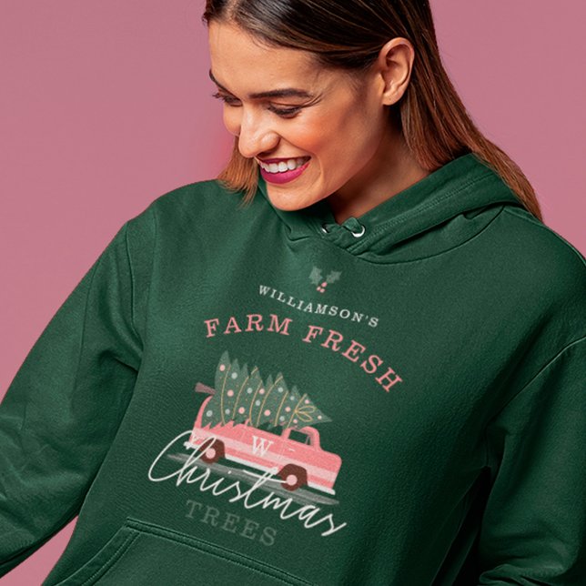 Pull À Capuche Ferme familiale de Noël frais Arbres de Noël rose  (Family's Farm Fresh Christmas Trees Pink Retro Van Hoodie)