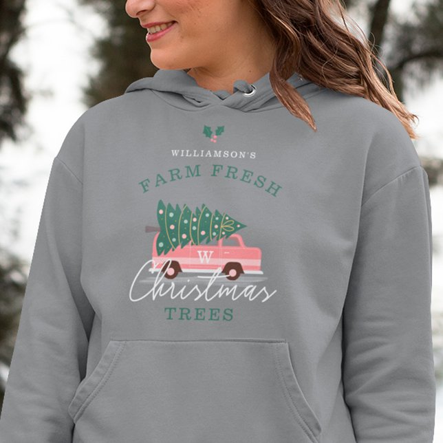 Pull À Capuche Ferme familiale des arbres de Noël frais Pink Retr (Family's Farm Fresh Christmas Trees Pink Retro Van Hoodie)