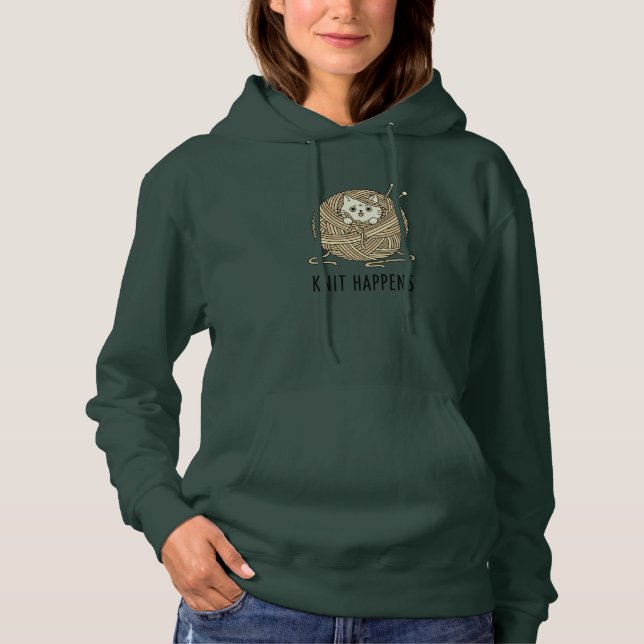 Pull À Capuche Fil de chat sépia Illustration Tricot Art Vert fon (Devant)