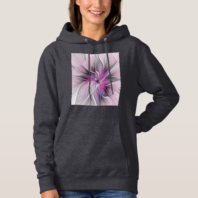Pull À Capuche Floral Fractal moderne Fleur Abstraite rose gris (Devant)