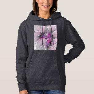 Pull À Capuche Fractal Floral Moderne Abstrait Fleur Rose Gris