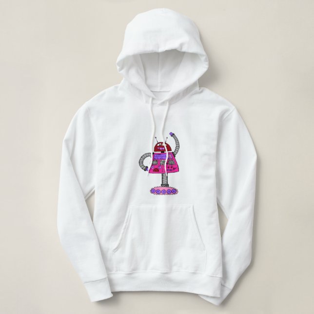 Pull À Capuche Frankie Robot : Rose sur blanc (Design devant)