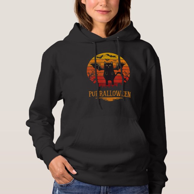 Pull À Capuche Halloween Purralloween Ghost Chat Noir Retro Femme (Devant)