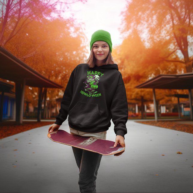 Pull À Capuche Happy Howl-o-ween Wolf équitation sur skateboard (Créateur téléchargé)
