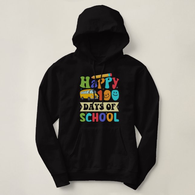 Pull À Capuche heureux 100 jours d'école de bus scolaire (Design devant)