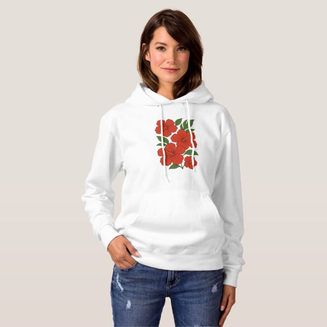 Pull À Capuche Hibiscus rouge d'élégance tropicale sur noir (Devant entier)