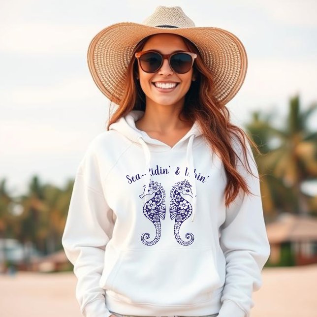 Pull À Capuche Hippocampe-pêcheur Coeur-Hawaï Tropical-Bleu (Sea Horse-Fisherman Core-Hawaiian-Tropical-Beach Hoodie-Summer Trend-Dark Blue)