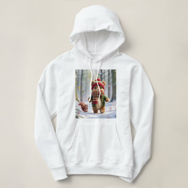 Pull À Capuche Hiver Neige blanche Arbres à fleurs roses Écureuil (Design devant)
