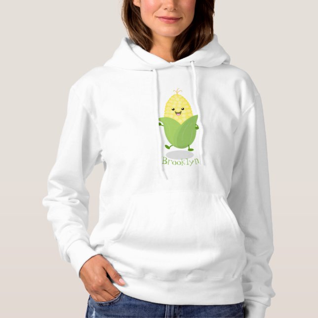 Pull À Capuche Illustration d'une caricature de maïs joyeux (Devant)