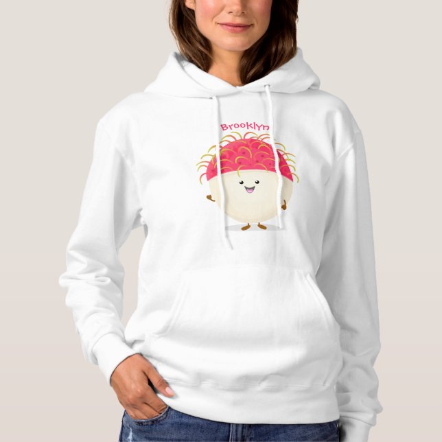 Pull À Capuche Illustration mignon du ramboutan rose (Devant)