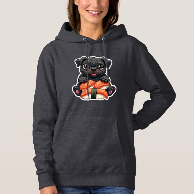 Pull À Capuche Illustration vectorielle de sushi de pug noir mign (Devant)