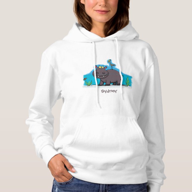 Pull À Capuche Ippopotame drôle mignon avec dessin animé d'oiseau (Devant)