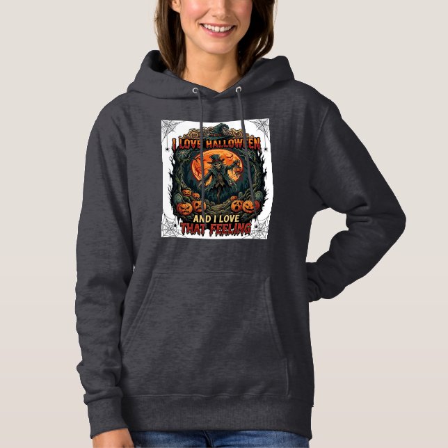 Pull À Capuche J'aime Halloween Squelette Épouvantail Pleine Lune (Devant)