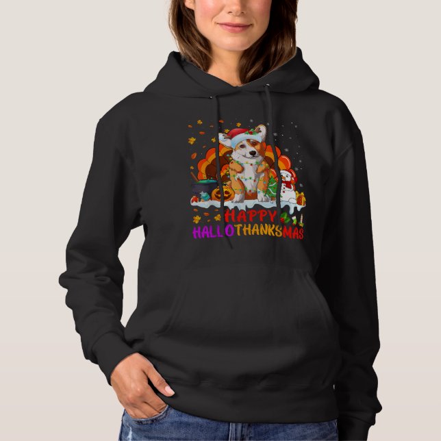 Pull À Capuche Joyeux Hallothanksmas Corgi Chien Halloween Thanks (Devant)