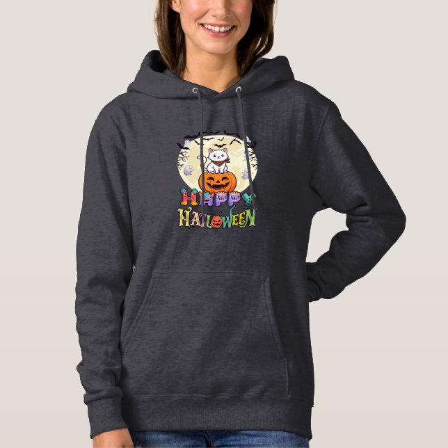 Pull À Capuche Joyeux Halloween Chat Blanc Citrouille Lune Chauve (Devant)