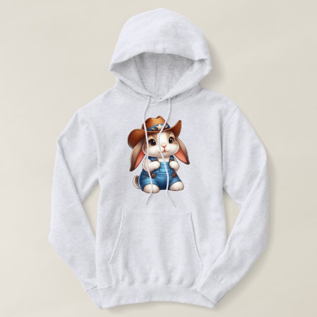 Pull À Capuche Lapin en tenue de cowboy avec chapeau et salopette (Design devant)