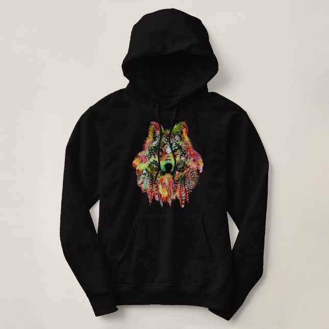Pull À Capuche Loup tribal amérindien avec plumes Tattoo un (Design devant)