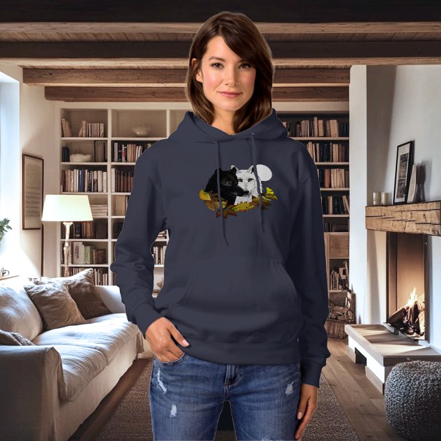 Pull À Capuche Loups Blancs Noirs Clair de Lune Feuilles d'Automn (Créateur téléchargé)