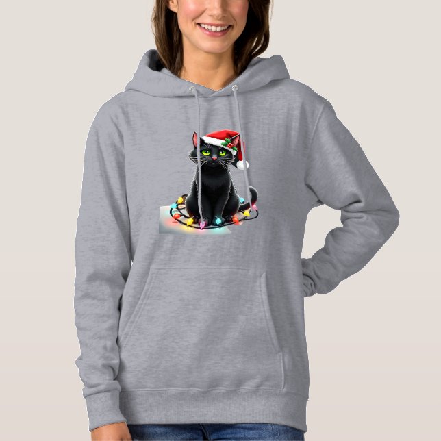Pull À Capuche Lumières de Noël Chat Noir Chapeau de Père Noël Xm (Devant)