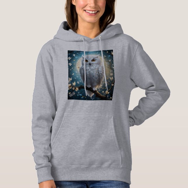 Pull À Capuche Lune vigilante : Le hibou blanc des neiges (Devant)