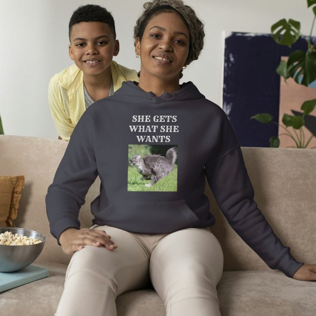 Pull À Capuche Maman Chat Personnalisé Photo et Texte Gris Foncé (Créateur téléchargé)
