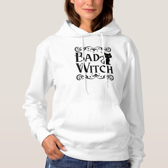 Pull À Capuche mauvaise sorcière noir chat noir et blanc Hallowee (Devant)