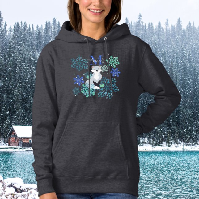 Pull À Capuche Monogramme personnalisé Gris Fox bleu snowflakes (Créateur téléchargé)