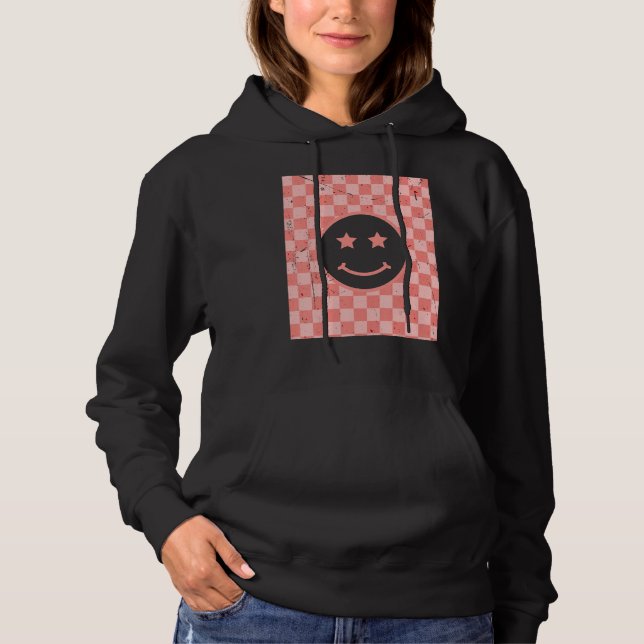 Pull À Capuche Motif à carreaux de visage heureux rétro_2 (Devant)