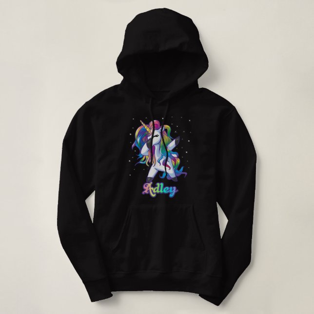 Pull À Capuche Nom ADLEY Personnalisé Rainbow Unicorn Dab personn (Design devant)