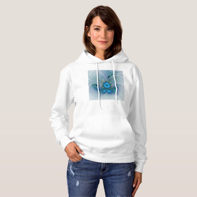 Pull À Capuche Ovations debout, fractale abstraite bleu turquoise (Devant entier)