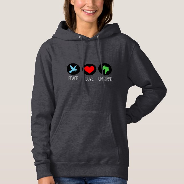 Pull À Capuche Paix amour et licornes (Devant)